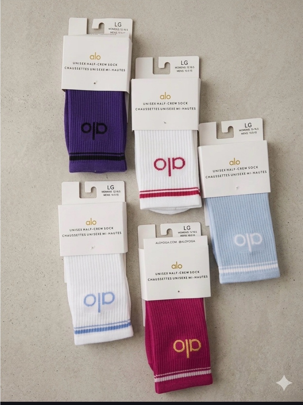 ALO Yoga Five Pack Half-Crew Socks in Purple, White, Light Blue, Pink,and Maroon